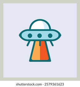 Iconic representation of a classic flying saucer with a beam of light, simple design