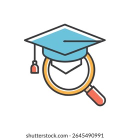 Iconic representation of a graduation cap behind a magnifying glass. Flat design style with bold outlines and bright, contrasting colors.