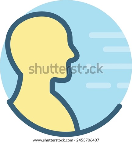 Iconic representation of a human profile with lines suggesting motion, breath, and pure air against a blue circular background.