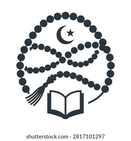 Iconic representation of Islamic faith featuring a tasbih, an open Quran, and the crescent moon and star symbol, all in a minimalist silhouette style.