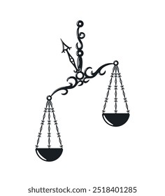 An Iconic Representation of Justice A Traditional Illustration Depicting Scales of Justice. Libra zodiac symbol with engraving, hand drawn, luxury, esoteric and boho styles.