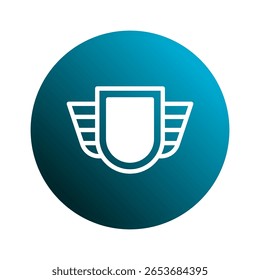 Representação icônica: um emblema de escudo minimalista com asas estilizadas dentro de um quadro circular azul para marca e design modernos