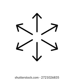 Representación icónica de múltiples flechas apuntando lejos de un núcleo, ilustrando conceptos de dispersión, crecimiento, variedad y movimiento hacia afuera. Aislado.