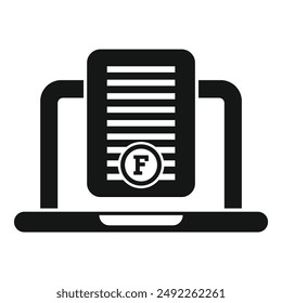 Iconic representation of an official digital document with a stamp of letter f on a laptop