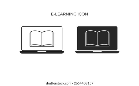 Iconic representation of online courses: laptops showing open books, available in both line art and solid fill variations.