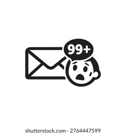 Iconic representation of a person feeling overwhelmed by a deluge of unread emails and 99 plus notifications, symbolizing digital overload and communication stress.