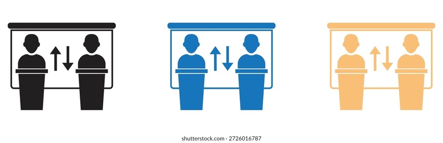 Representación icónica de dos individuos intercambiando ideas o comparando información en un podio