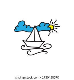 Iconic sailboat image outlined boldly in hand-drawn style. Complemented by a vibrant blue cloud and sun, ideal for websites, apps, or branding related to sailing, exploration, or vacations
