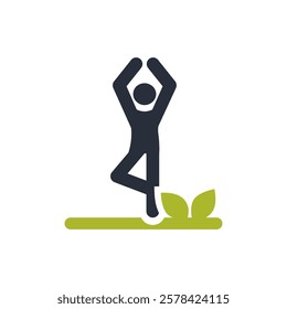 An iconic and serene representation of relaxation, showcasing a perfectly balanced figure in a graceful yoga pose surrounded by leaves, which symbolize wellness, peace, and tranquility within nature