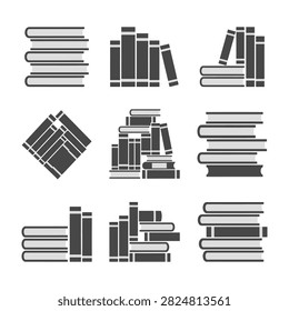Iconic set of books stacked horizontally and vertically in multiple piles and rows