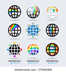 Iconic set of globes and rainbows. Vector Illustration