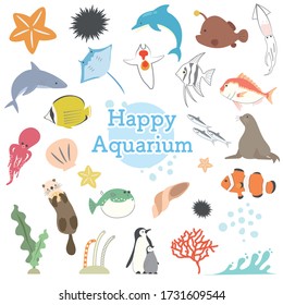 An iconic set of illustrations of different fish and mammals, seaweeds and mollusks in the aquarium.