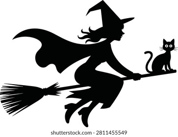Iconic silhouette illustration of a witch riding a broomstick accompanied by her black cat, perfectly capturing the enchanting spirit of Halloween and folklore.