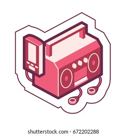 Iconic simple portable boom box & personal music player sound systems graphic with an outline.
