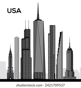 La silueta icónica del horizonte capta la majestuosidad de los edificios más altos de Estados Unidos: Un World Trade Center, Central Park Tower, Willis Tower, 432 Park Avenue y 111 West 57th Street