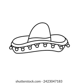 An iconic sombrero in a minimalist linear illustration. The rich cultural hat of Mexico. This doodle vector graphic is for logos, travel designs, or festive event promotions, traditional flair