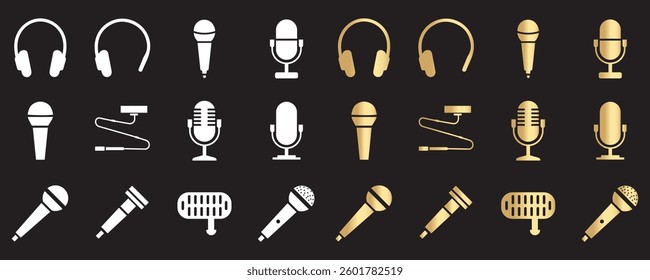 Iconic Sound Collection Audio and Microphone Symbols in White and Gold