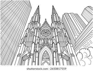 Iconic St. Patrick's Cathedral vector illustration, showcasing Manhattan's architectural blend with soaring skyscrapers.