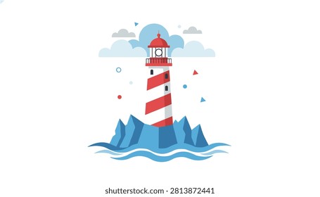 Iconic striped lighthouse standing atop rugged blue rocks against a backdrop of soft fluffy clouds.