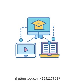 Imagem de estilo icônico mostrando educação on-line com tablet e laptop, conectado, promovendo recursos de aprendizagem digital e conhecimento acessível.