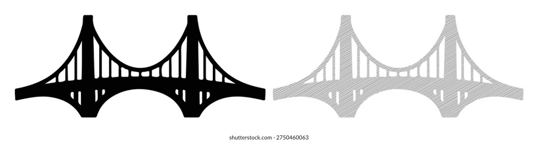 Iconic suspension bridge. Black and white graphic representation. Architectural landmark.