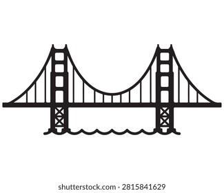 Iconic suspension bridge over water in black and white line art. Minimalist vector illustration of famous landmark architecture for design projects.