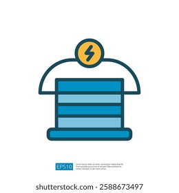 Iconic Symbol of an Electrical Generator with Lightning Bolt on Top in a Modern Flat Design with Blue and Yellow Color Scheme