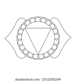 O símbolo icônico do Third Eye Chakra, também conhecido como Ajna Chakra. O triângulo virado para baixo dentro de um padrão circular representa intuição, sabedoria e iluminação.