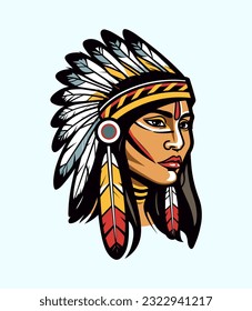 An iconic and symbolic Native American Indian girl head vector clip art illustration, representing the resilience and spirit of indigenous girls, suitable for empowerment campaigns and educational res