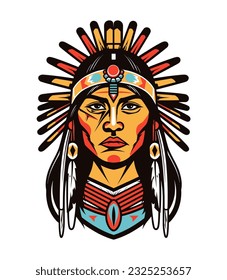 An iconic and symbolic Native American Indian girl head vector clip art illustration, representing the resilience and spirit of indigenous girls, suitable for empowerment campaigns and educational res