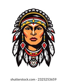 An iconic and symbolic Native American Indian girl head vector clip art illustration, representing the resilience and spirit of indigenous girls, suitable for empowerment campaigns and educational res