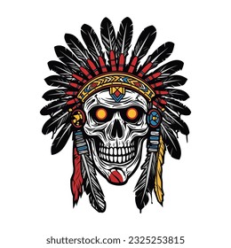 An iconic and symbolic Native American Indian skull head vector clip art illustration, representing the connection between life and death, suitable for cultural events, music album covers, and spiritu