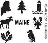 Iconic symbols of maine: map, pine tree, lighthouse, moose, lobster, puffin, leaf. versatile vector collection for state tourism and travel. isolated on white background, Vector, illustration