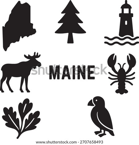 Iconic symbols of maine: map, pine tree, lighthouse, moose, lobster, puffin, leaf. versatile vector collection for state tourism and travel. isolated on white background, Vector, illustration