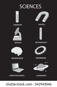 Iconic symbols to represent different branches of science subjects. Set of vector illustrations isolated on black background.