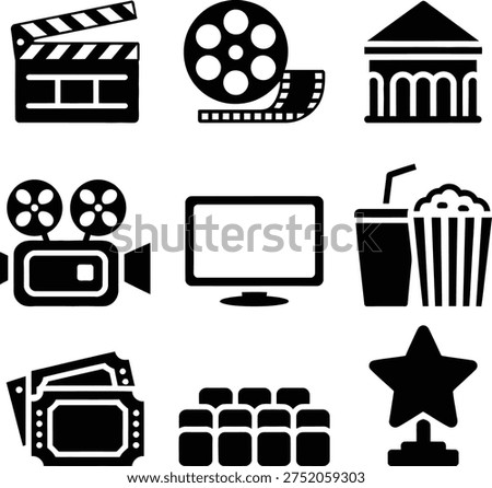 Iconic symbols representing various aspects of cinema and film entertainment industry