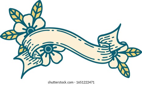 imagen icónica al estilo tatuaje de una pancarta y flores