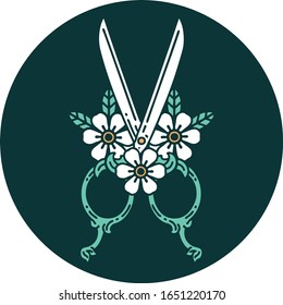 ikonisches Tätowierungsbild von Barbierschere und Blumen