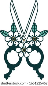 iconic tattoo style image of barber scissors and flowers