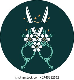 imagen de tijeras y flores de estilo tatuaje icónico