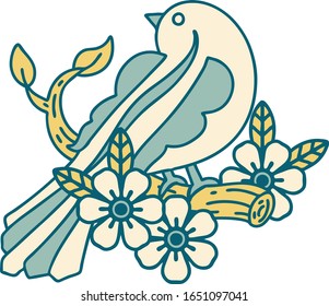 iconic tattoo style image of a bird on a branch
