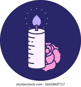 ikonische Tattoo Stil Bild einer Kerze und einer Rose in heller Neonfarbe