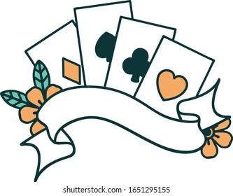 iconic tattoo style image of cards and banner with flowers