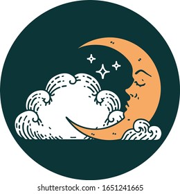 iconic tattoo style image of a crescent moon and clouds