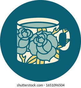 iconic tattoo style image of a cup and flowers