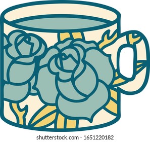 ikonisches Tätowierungsbild einer Tasse und Blumen