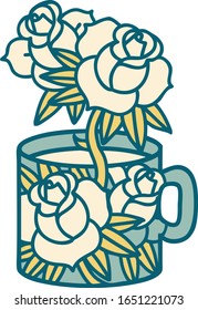 ikonisches Tätowierungsbild einer Tasse und Blumen
