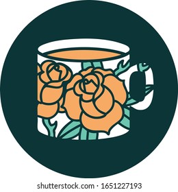 iconic tattoo style image of a cup and flowers