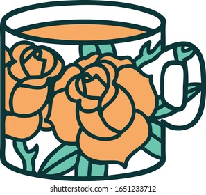 iconic tattoo style image of a cup and flowers