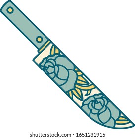 ikonisches Tätowierungsbild eines Daggers und Blumen